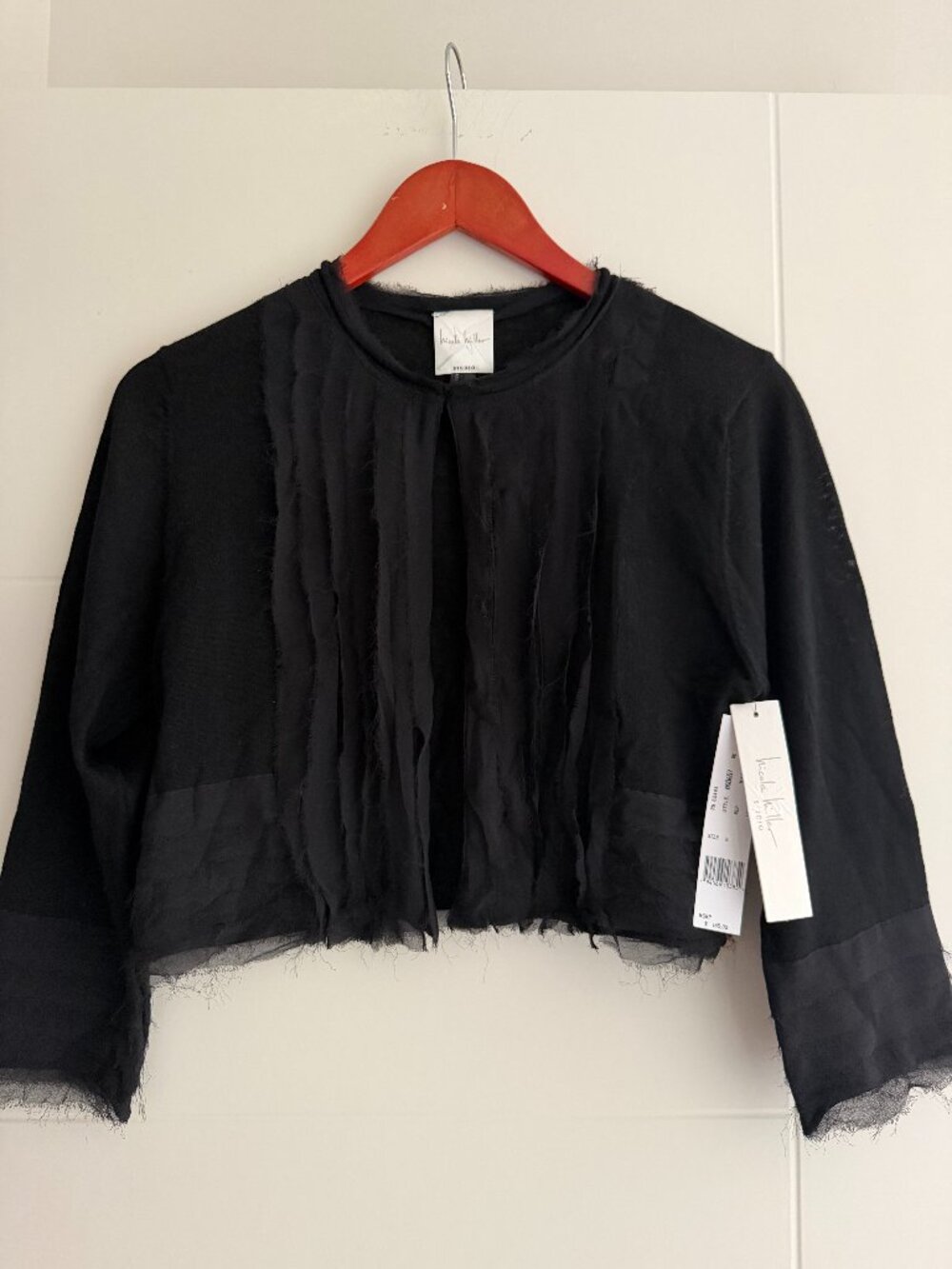 NWT Nicole Miller Studio Black Frayed Open Front Cropped Bolero Size M